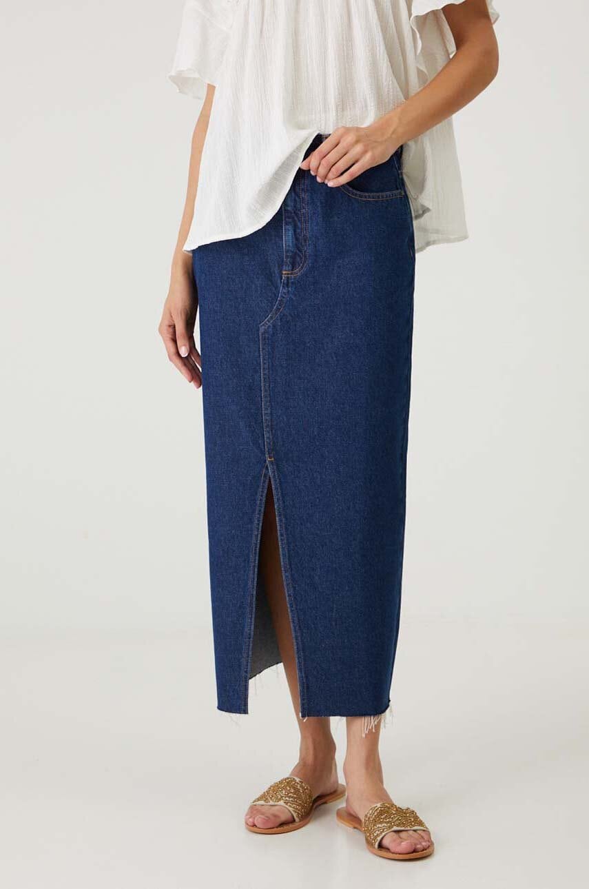 Medicine fustă din denim culoarea bleumarin, maxi, dreaptă