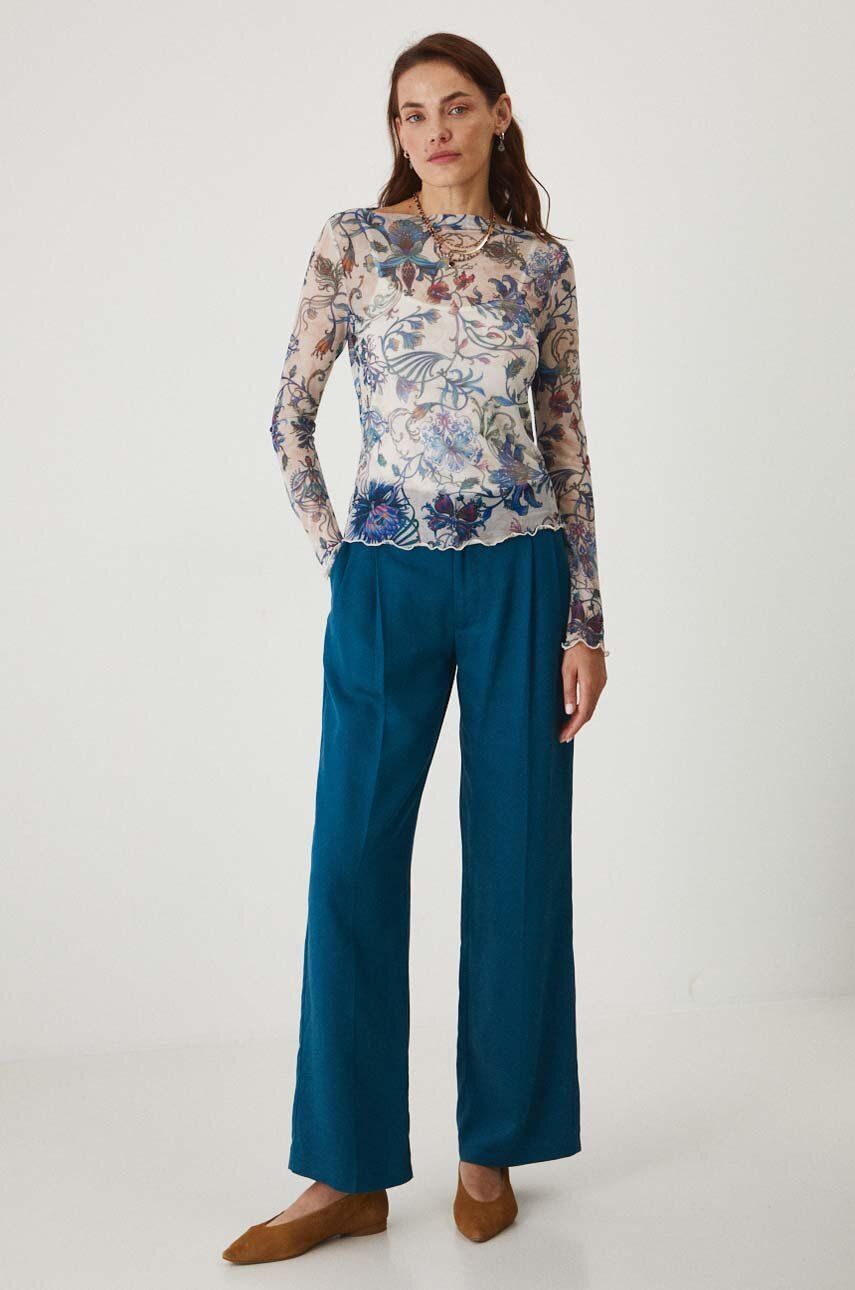 Medicine pantaloni femei, culoarea turcoaz, lat, medium waist