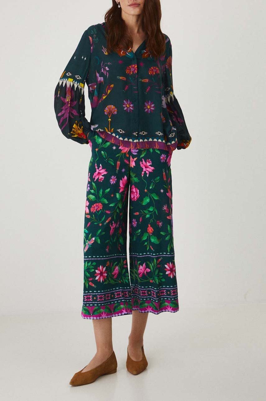 Medicine pantaloni femei, culoarea verde, fason culottes, high waist
