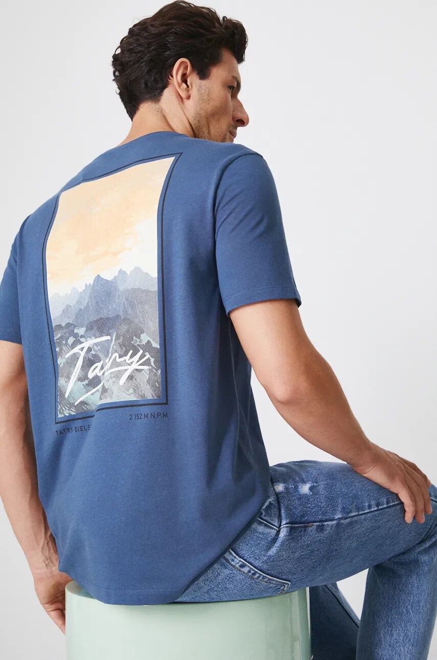 Medicine tricou din bumbac barbati, culoarea albastru marin, melanj