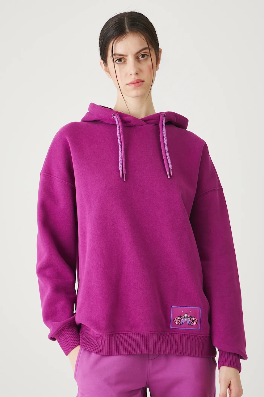 Medicine bluză culoarea violet, cu glugă, cu imprimeu