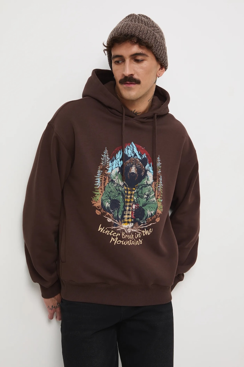 Medicine bluza culoarea maro, cu glugă, cu imprimeu