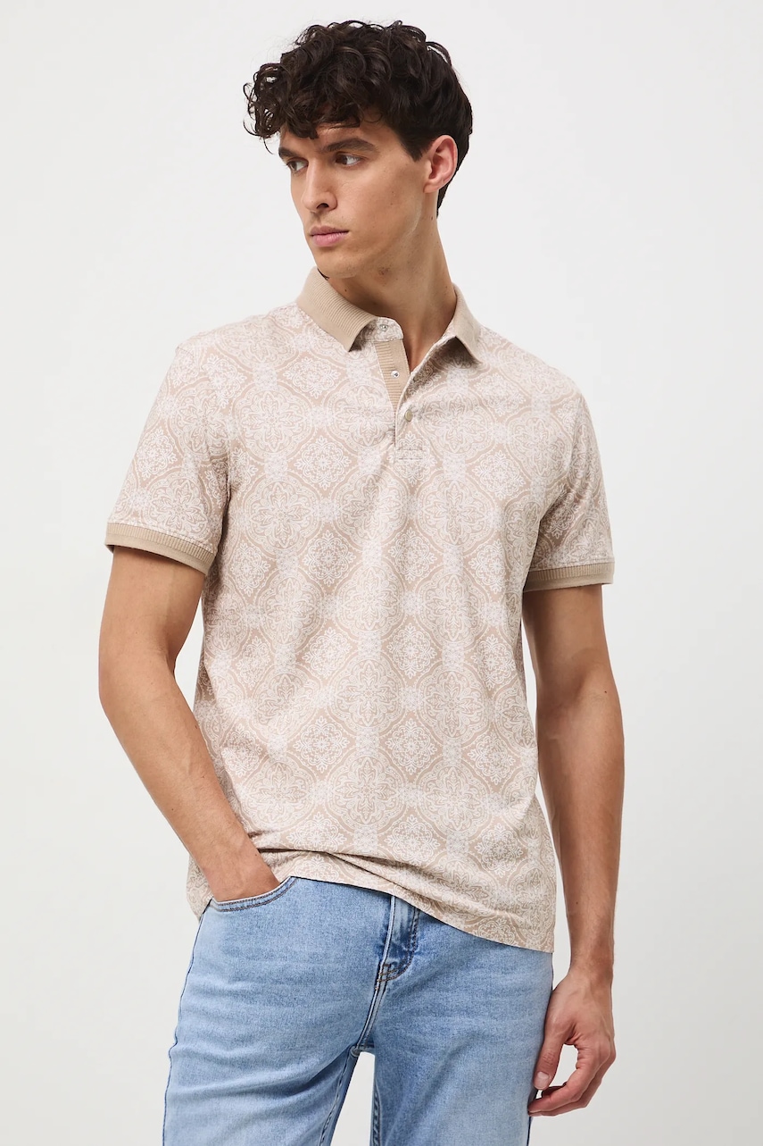 Medicine polo de bumbac culoarea bej, cu imprimeu