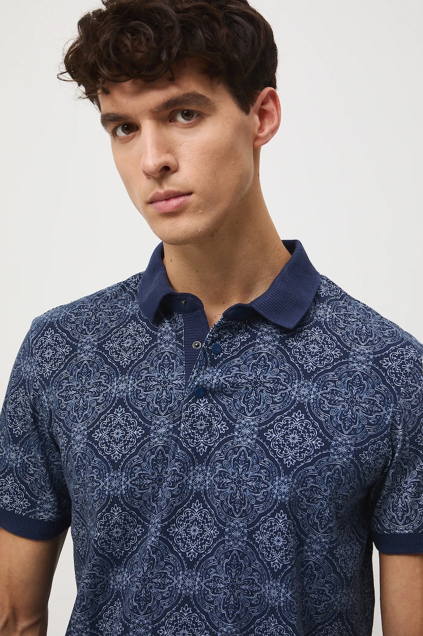 Medicine polo de bumbac culoarea bleumarin, cu imprimeu