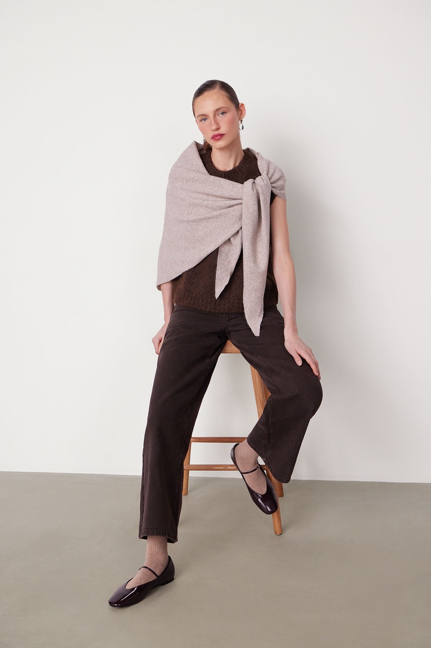 Medicine esarfa din amestec de lana culoarea bej, cu imprimeu