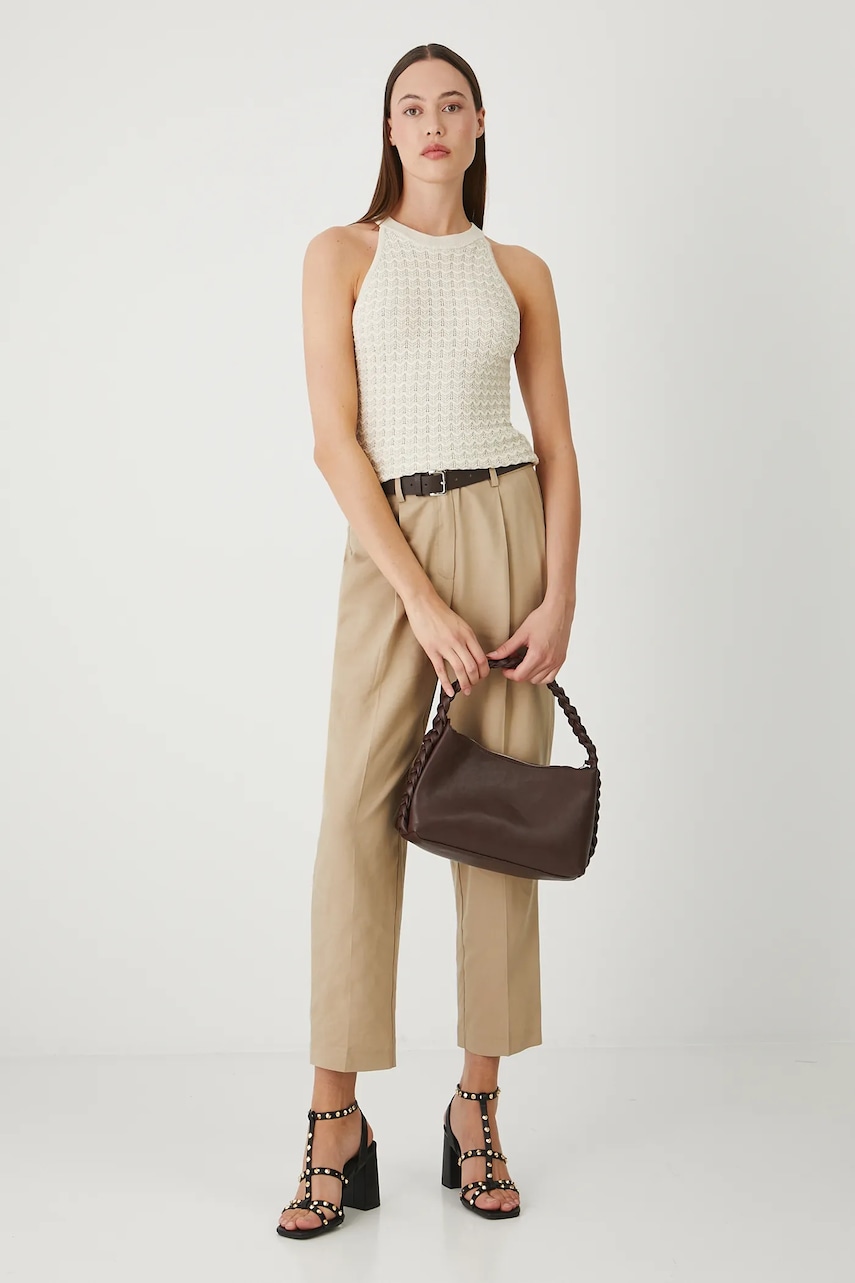Medicine pantaloni din amestec de in culoarea bej, fason chinos, medium waist