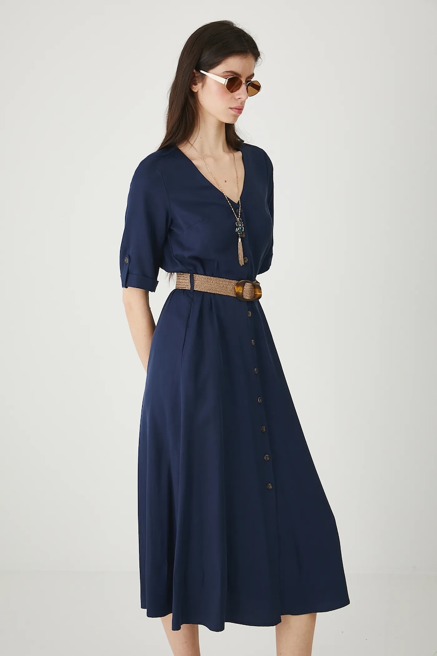Medicine rochie culoarea bleumarin, midi, evazați