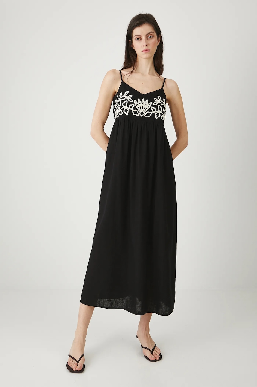 Medicine rochie din amestec de in culoarea negru, maxi, evazați