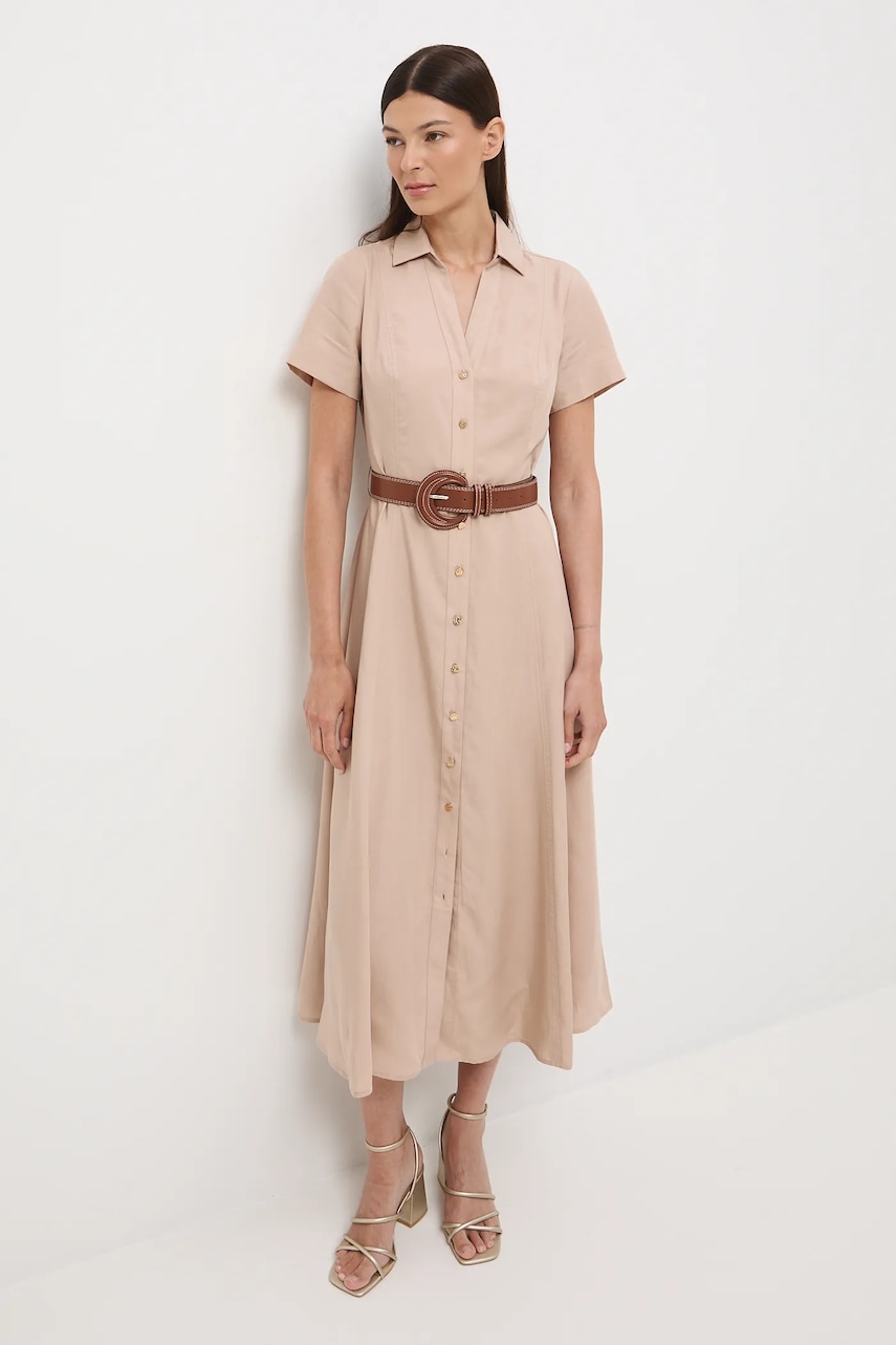 Medicine rochie din amestec de in culoarea bej, midi, evazati