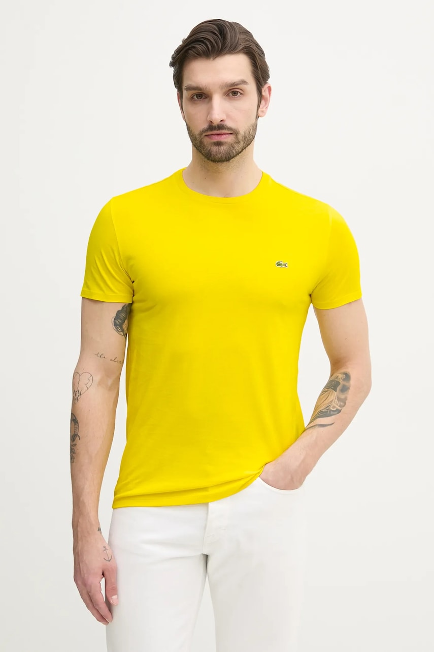 Lacoste tricou din bumbac bărbați, culoarea alb, uni, TH6709