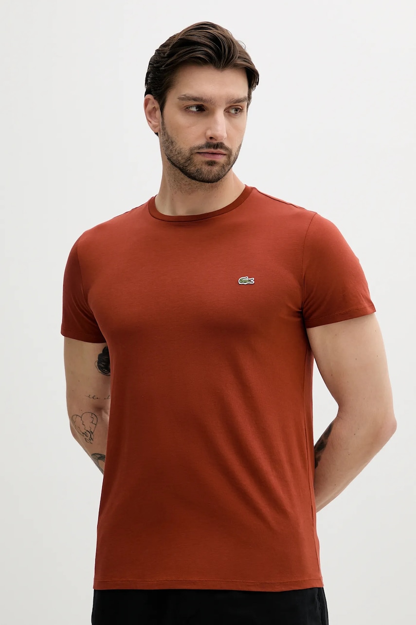 Lacoste tricou din bumbac bărbați, culoarea alb, uni, TH6709