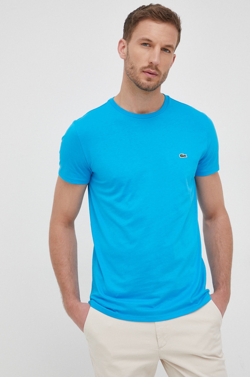 

Памучна тениска Lacoste в тюркоазено с изчистен дизайн, Син