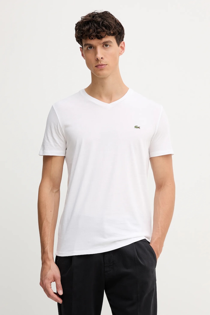 Lacoste tricou din bumbac barbati, culoarea alb, neted, TH6710