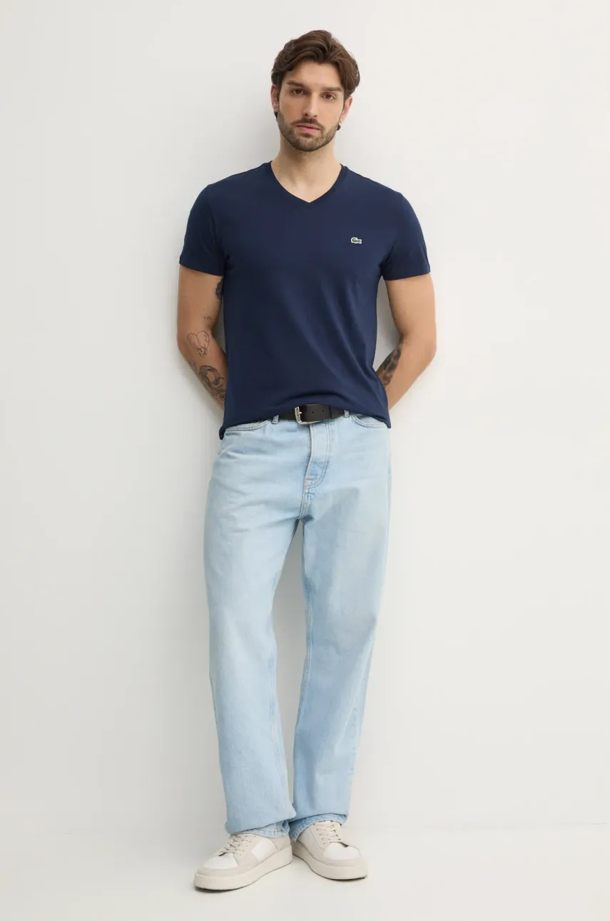 Хлопковая футболка Lacoste мужская цвет синий однотонная TH6710 Хлопковая футболка Lacoste мужская цвет синий однотонная TH6710