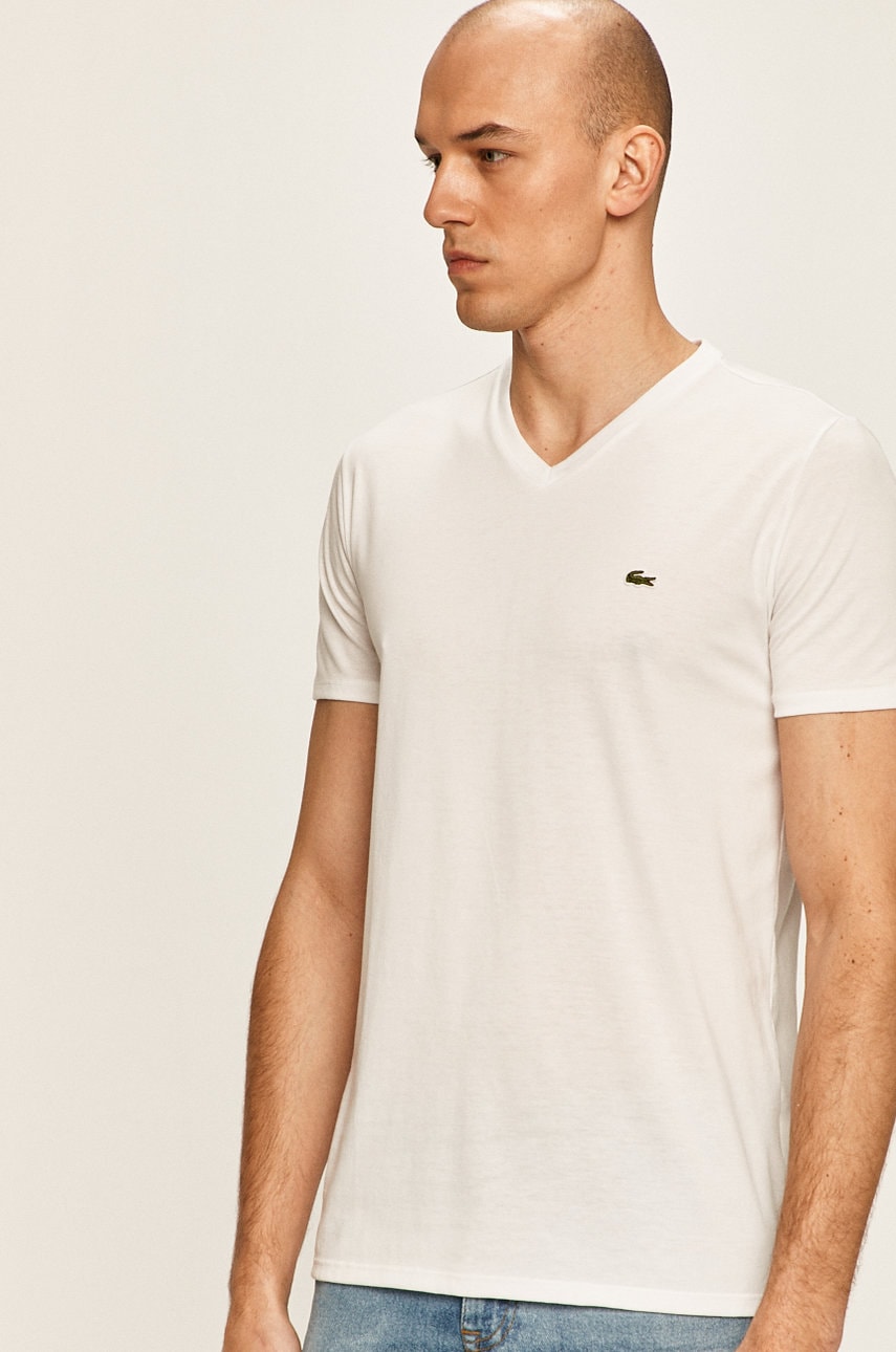 Lacoste tricou din bumbac barbati, culoarea alb, neted, TH6710