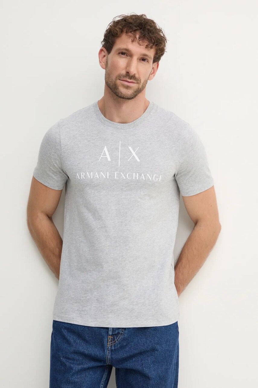 Armani Exchange tricou barbati, culoarea gri, cu imprimeu