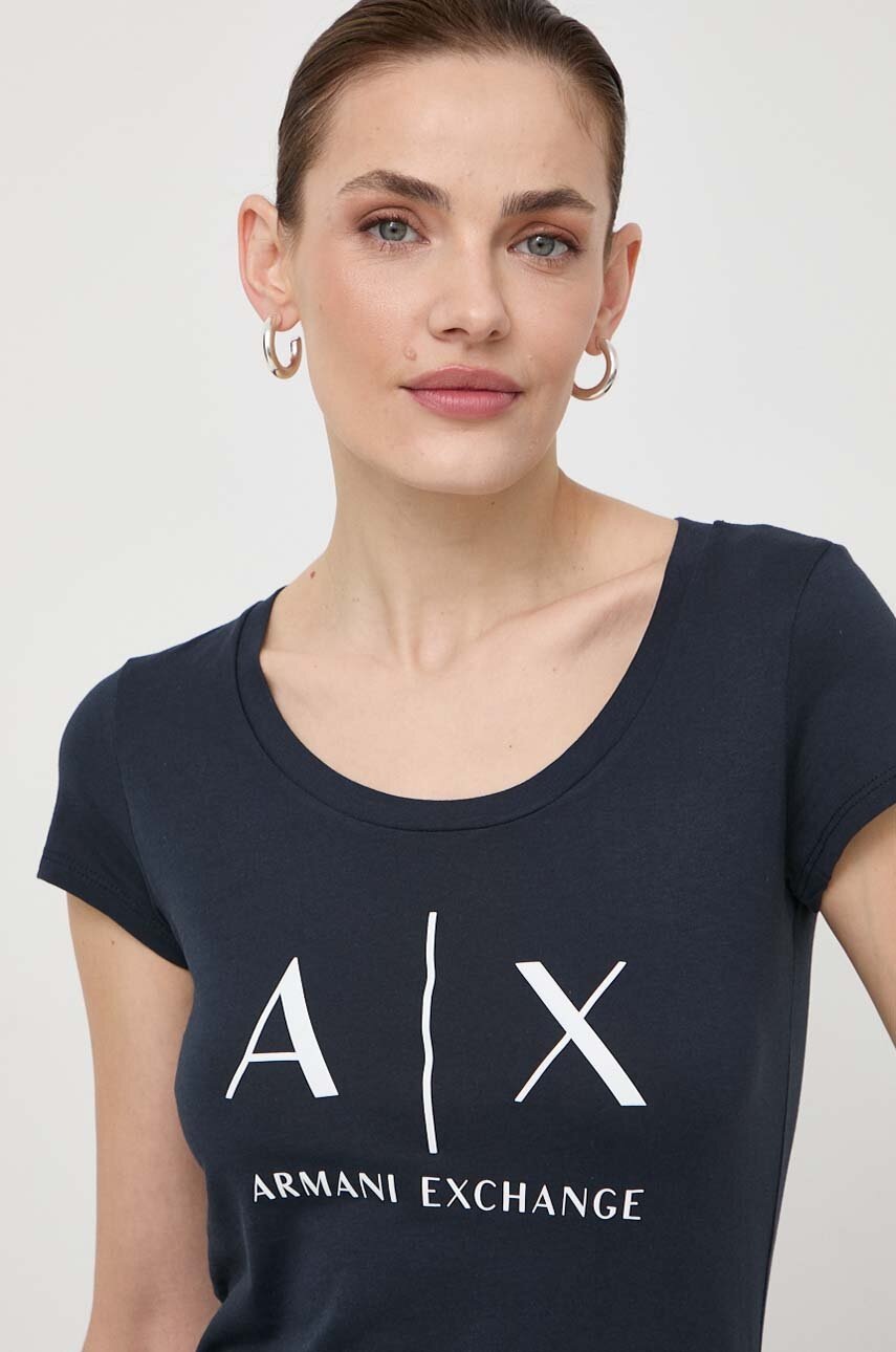 Armani Exchange tricou din bumbac femei, culoarea albastru marin