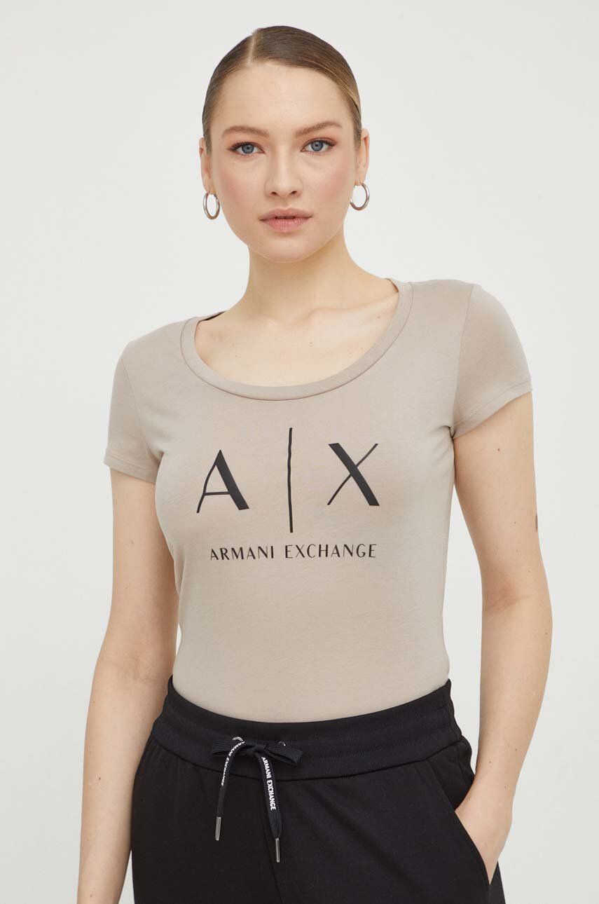 Armani Exchange tricou din bumbac femei, culoarea bej