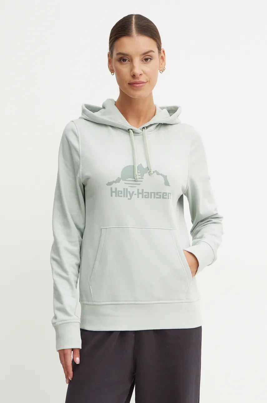 Helly Hansen bluza NORD GRAPHIC femei, culoarea verde, cu glugă, cu imprimeu, 62981 Helly Hansen bluza NORD GRAPHIC femei, culoarea verde, cu glugă, cu imprimeu, 62981