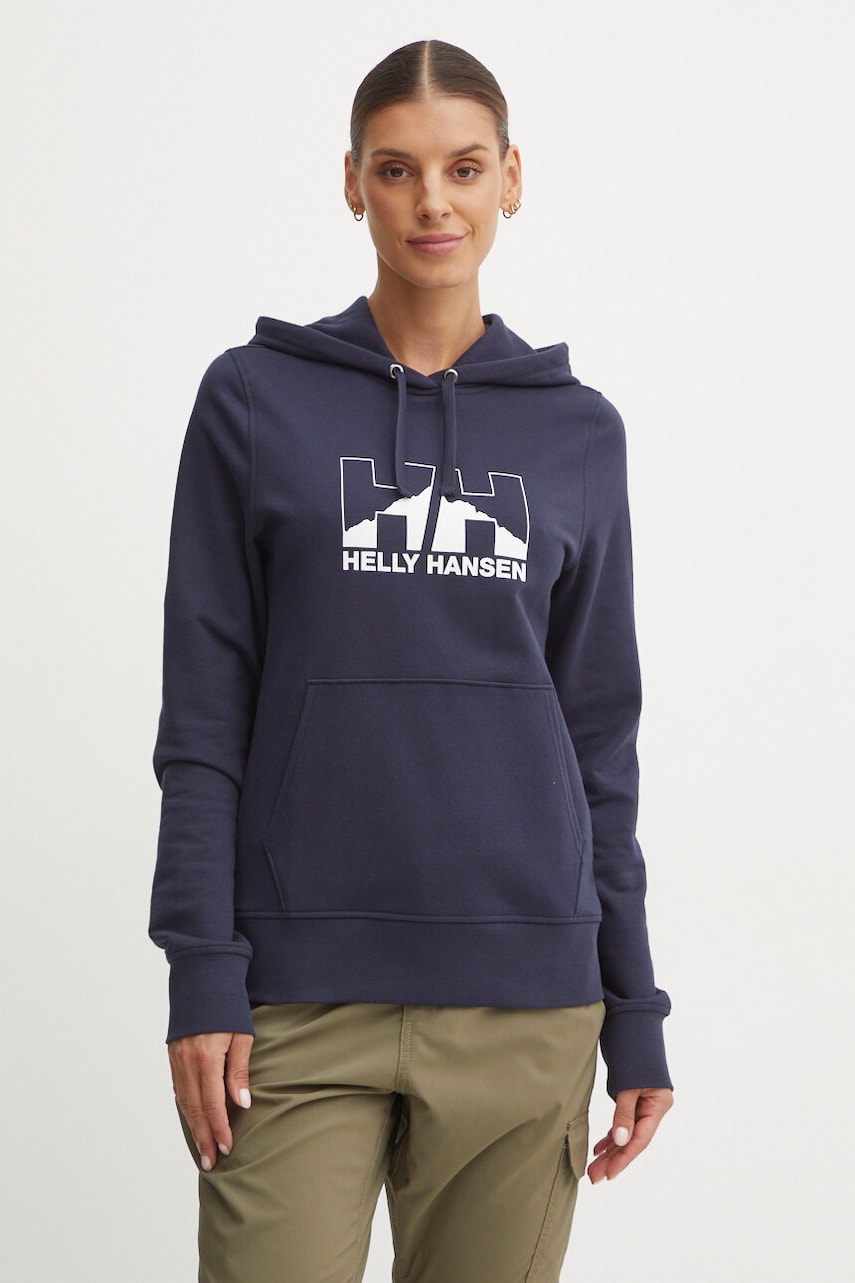 Helly Hansen bluza NORD GRAPHIC femei, culoarea albastru marin, cu glugă, cu imprimeu, 62981 Helly Hansen bluza NORD GRAPHIC femei, culoarea albastru marin, cu glugă, cu imprimeu, 62981