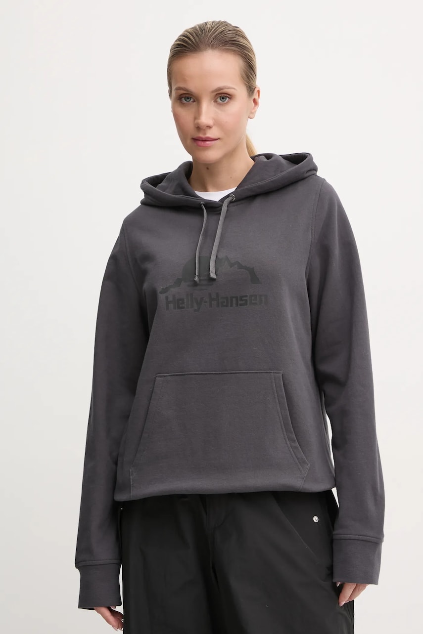 Helly Hansen bluza NORD GRAPHIC femei, culoarea gri, cu glugă, cu imprimeu, 62981 Helly Hansen bluza NORD GRAPHIC femei, culoarea gri, cu glugă, cu imprimeu, 62981