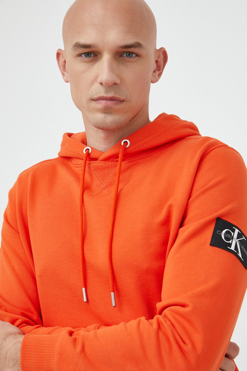 

Памучен суичър Calvin Klein Jeans в черно с качулка с изчистен дизайн, Оранжев