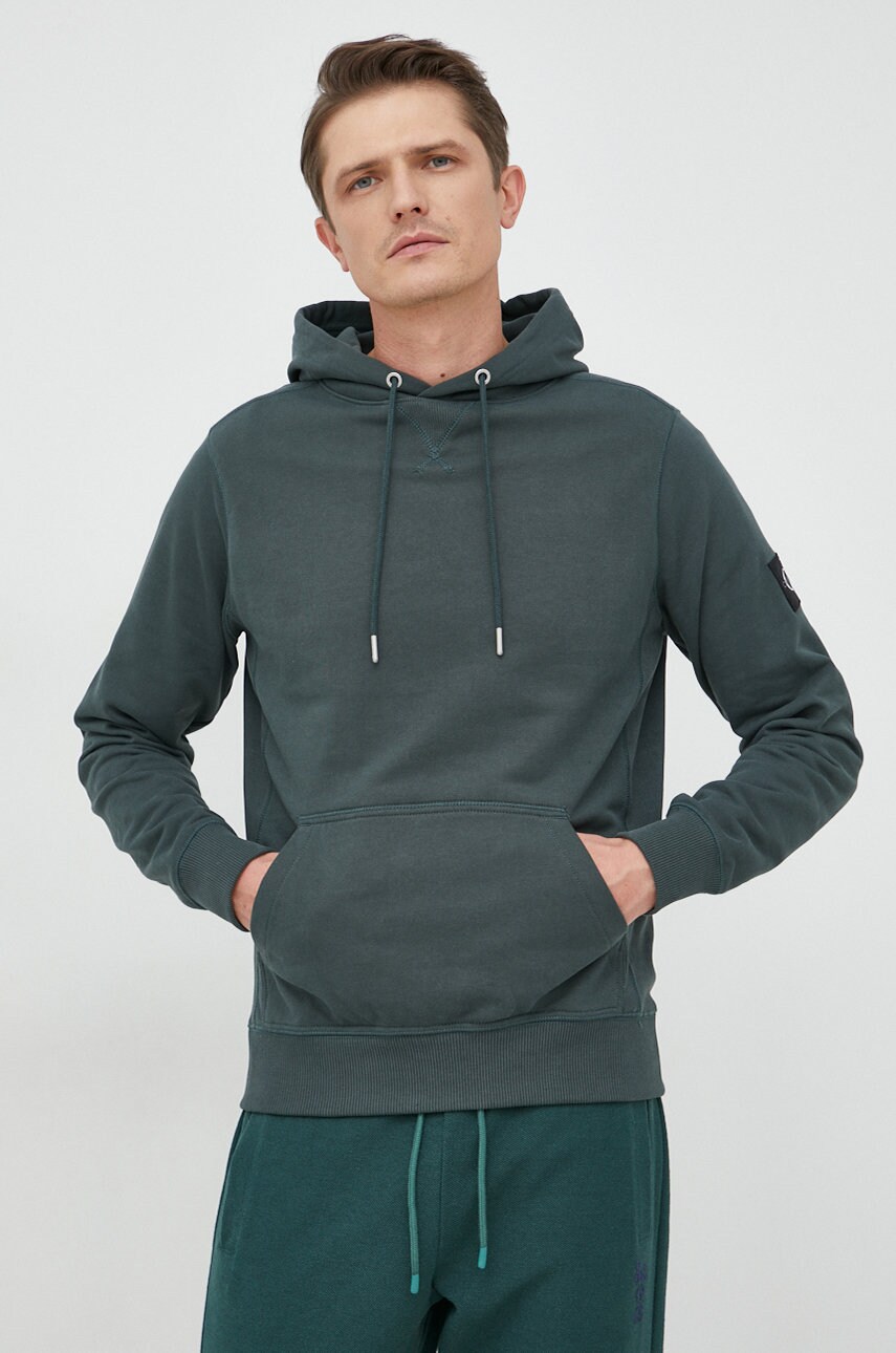 

Памучен суичър Calvin Klein Jeans в черно с качулка с изчистен дизайн, Зелен