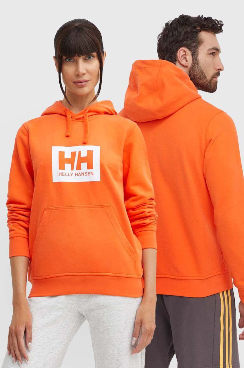 Helly Hansen hanorac de bumbac culoarea portocaliu, cu glugă, cu imprimeu 62981