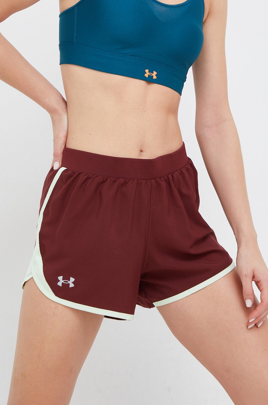 Levně Běžecké šortky Under Armour dámské, vínová barva, hladké, medium waist