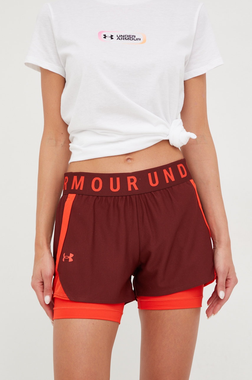 Under Armour Pantaloni Scurti De Antrenament Femei, Culoarea Bordo, Cu Imprimeu, High Waist 1351981-662