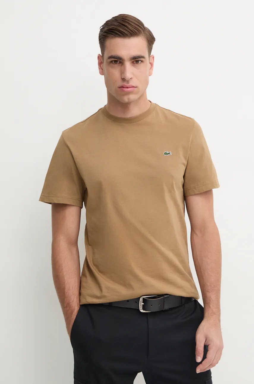 

Памучна тениска Lacoste в кафяво с изчистен дизайн, Кафяв