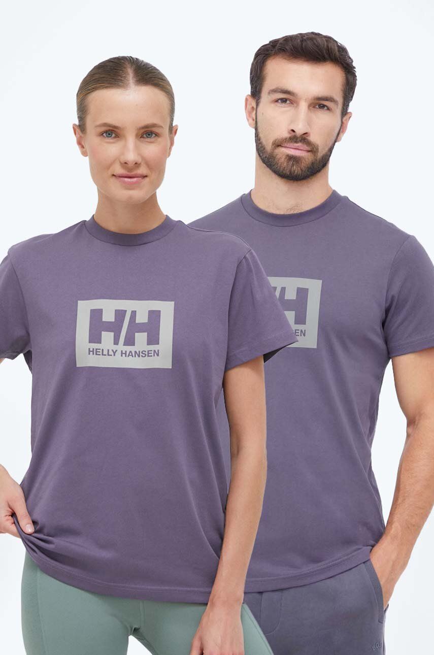 Levně Bavlněné tričko Helly Hansen fialová barva, s potiskem, 53285-096