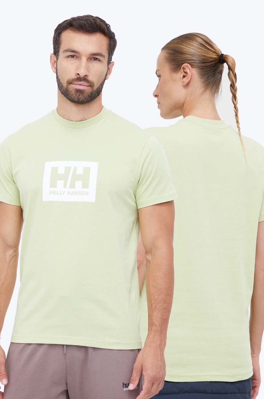 Levně Bavlněné tričko Helly Hansen zelená barva, s potiskem, 53285-096