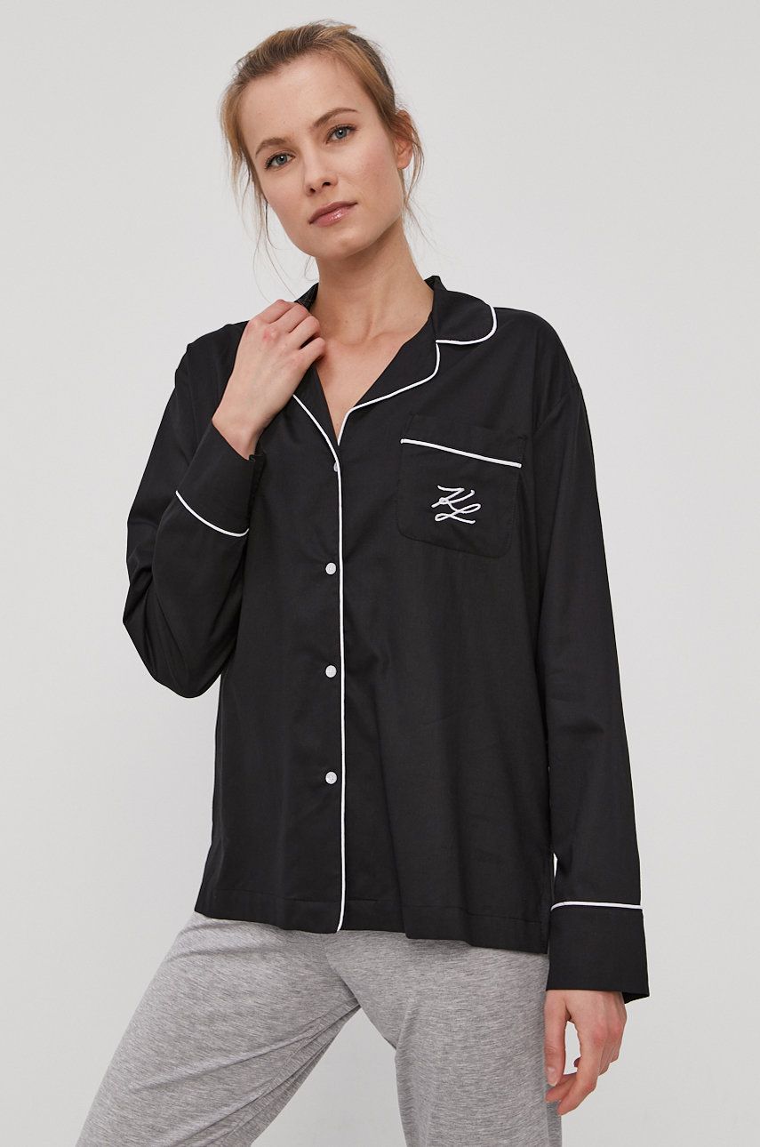 Pyžamová košile Karl Lagerfeld dámská, černá barva - černá -  50 % Bavlna