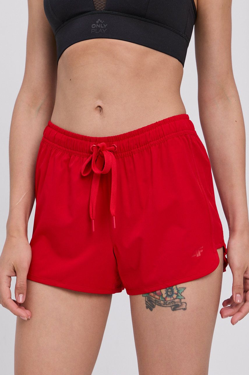 4F Pantaloni scurti femei, culoarea rosu, material neted, medium waist