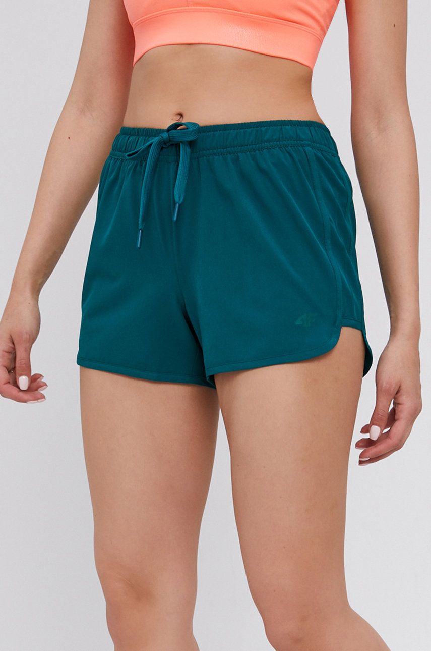 4F Pantaloni scurți femei, culoarea verde, material neted, medium waist 4F