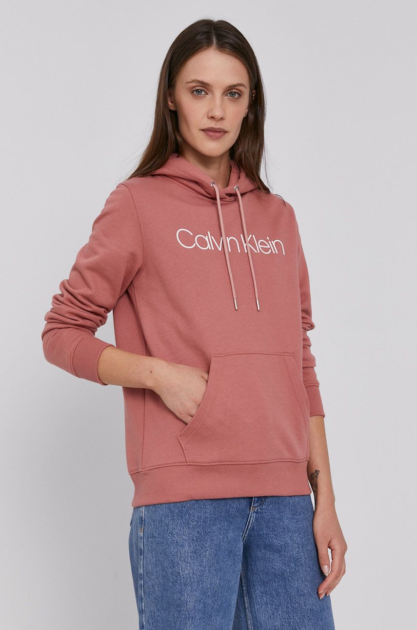 Calvin Klein bluza bawełniana damska kolor różowy z kapturem z nadrukiem