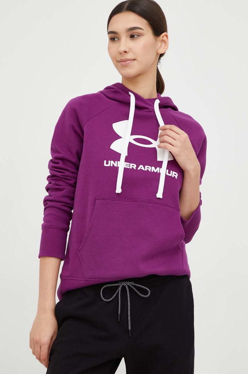 Under armour bluza femei, culoarea violet, cu glugă, cu imprimeu