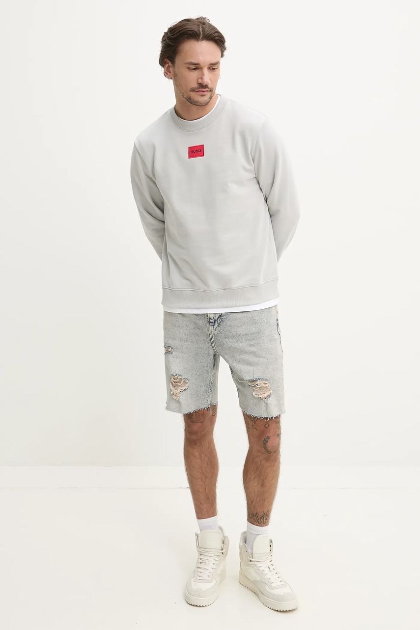 Хлопковая кофта HUGO мужская цвет серый с аппликацией 50447964