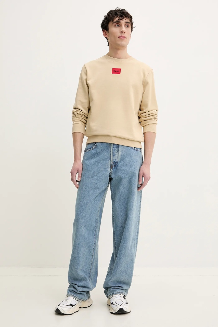 Хлопковая кофта HUGO мужская цвет бежевый с аппликацией 50447964