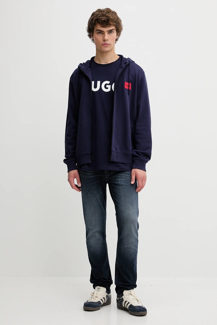 Хлопковая кофта HUGO цвет чёрный с капюшоном меланж 50447972