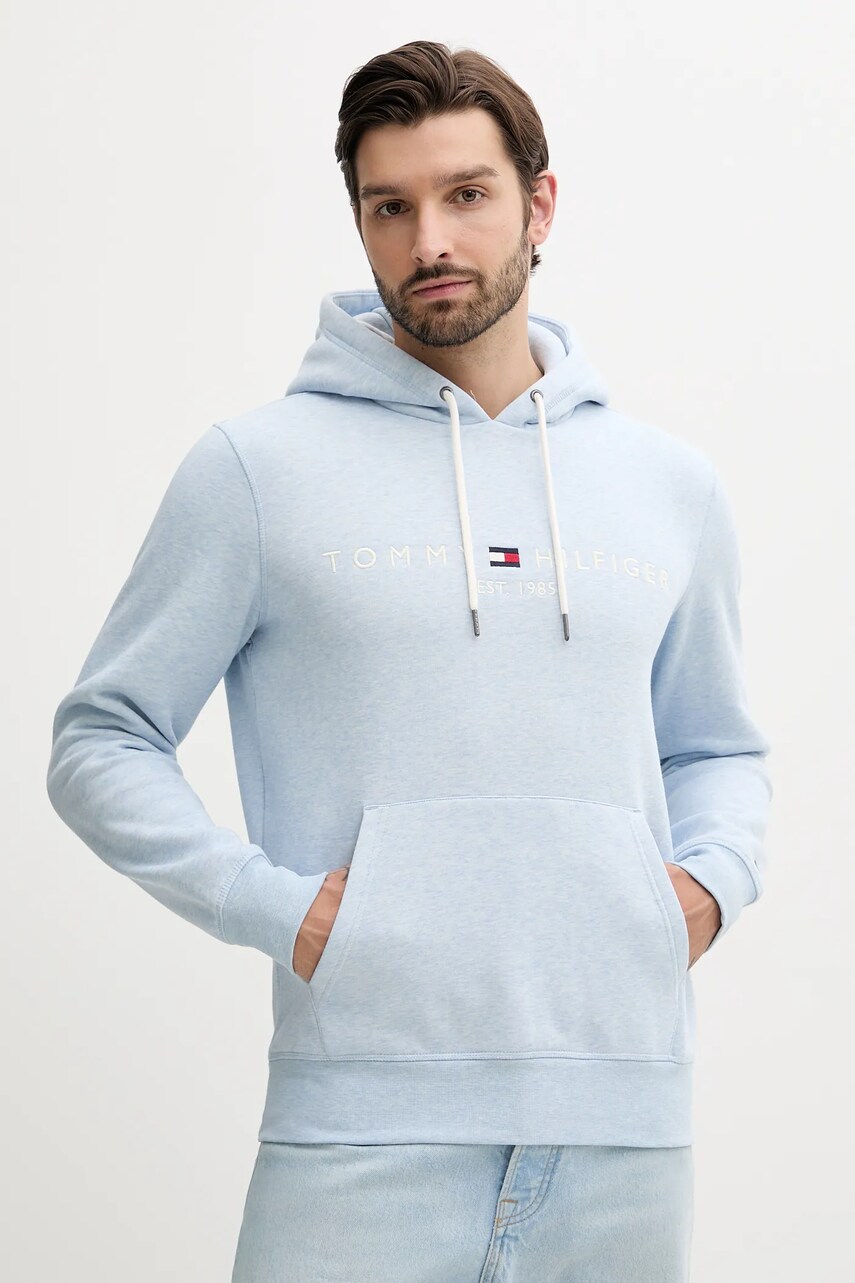 Levně Mikina Tommy Hilfiger pánská, tyrkysová barva, s kapucí, s aplikací, MW0MW11599