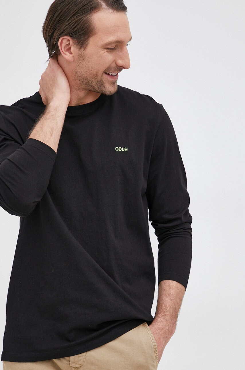Hugo longsleeve din bumbac culoarea negru, neted