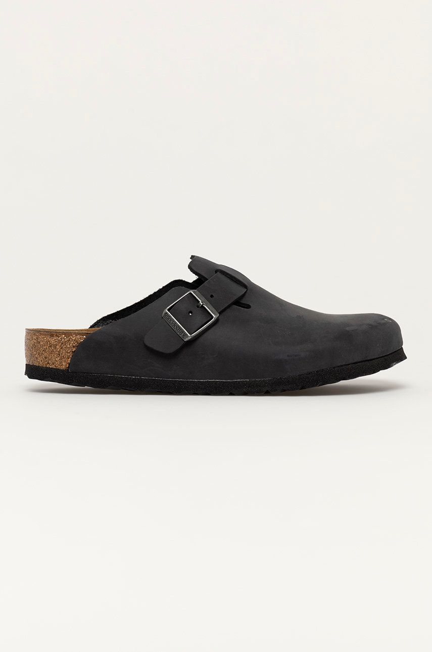 Birkenstock papuci din piele Boston SFB bărbați, culoarea negru, 59461