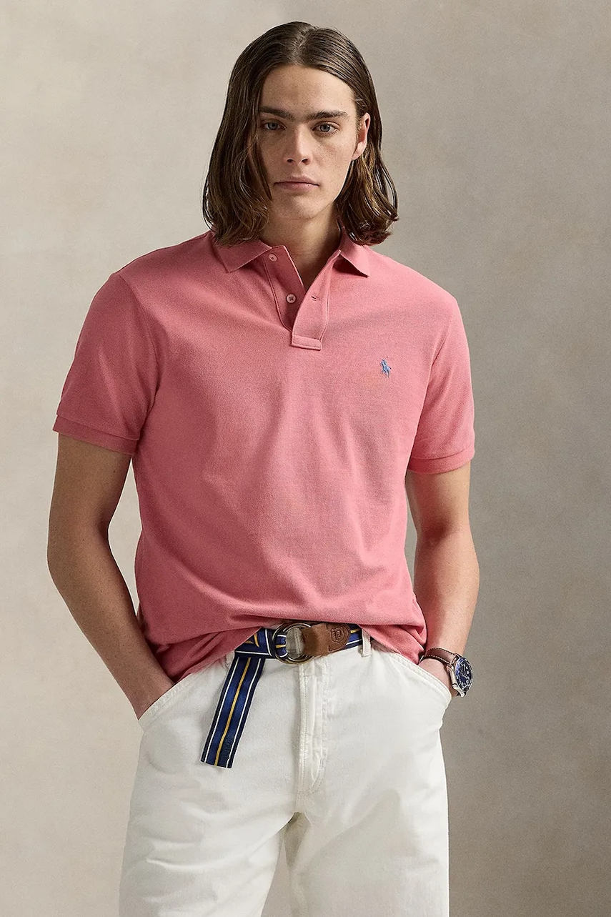 

Памучна тениска с яка Polo Ralph Lauren в синьо с изчистен дизайн 710536856, Розов