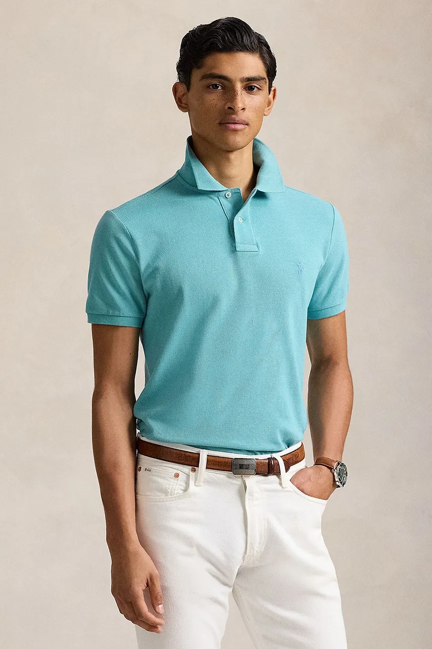 

Памучна тениска с яка Polo Ralph Lauren в синьо с изчистен дизайн 710536856, Тюркоазен