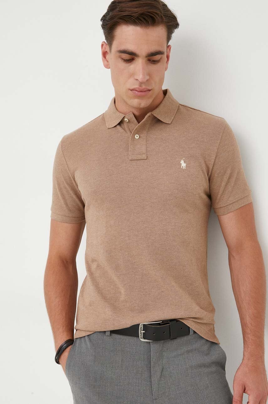 

Памучна тениска с яка Polo Ralph Lauren в кафяво с изчистен дизайн, Кафяв