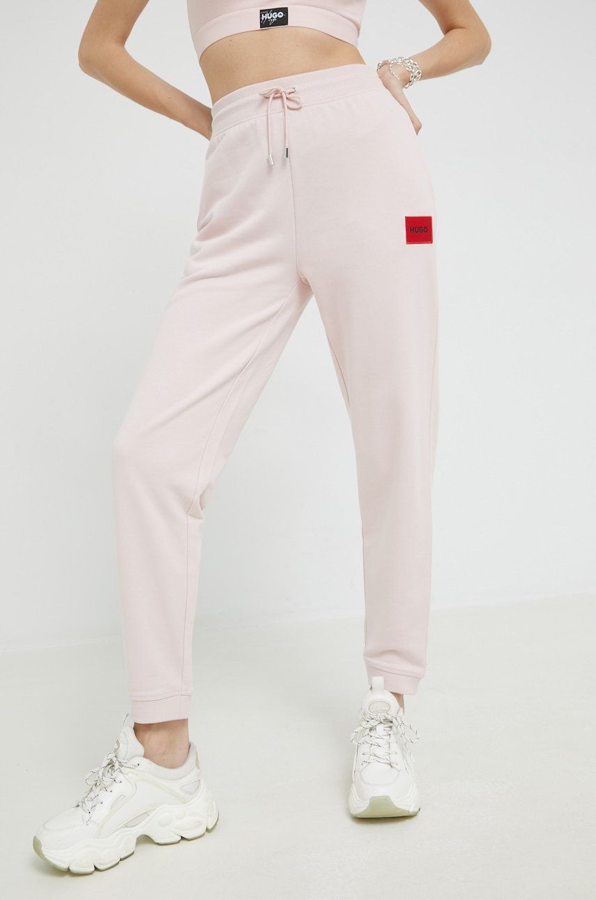Levně Kalhoty HUGO dámské, růžová barva, hladké, 50455983