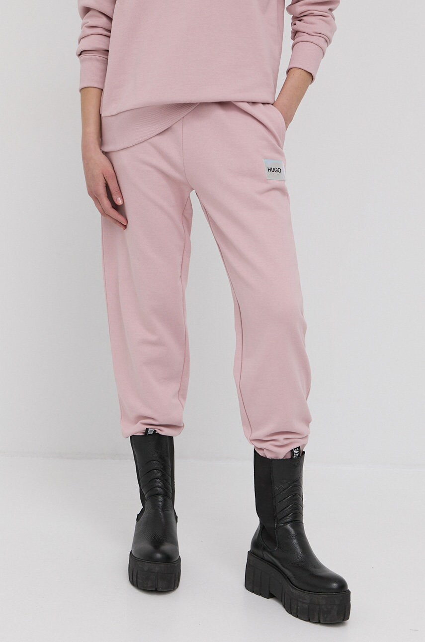 Hugo pantaloni femei, culoarea roz, material neted