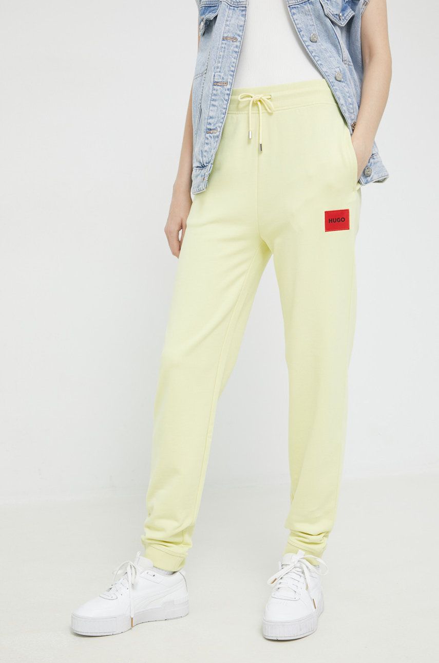 Levně Kalhoty HUGO dámské, žlutá barva, hladké, 50455983